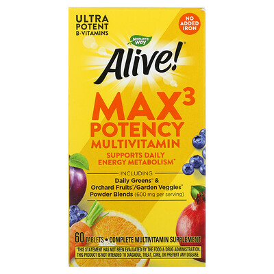 

Nature's Way, Alive! Max3 Potency Multivitamin, No Added Iron, 60 Tablets