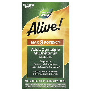 Nature's Way, Alive! Multivitamínico de potencia Max3, Sin hierro agregado, 90 comprimidos