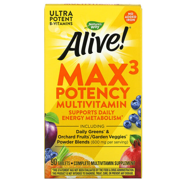 Alive! Max3 فيتامينات متعددة فعالة، بدون حديد مضاف، 90 قرصًا