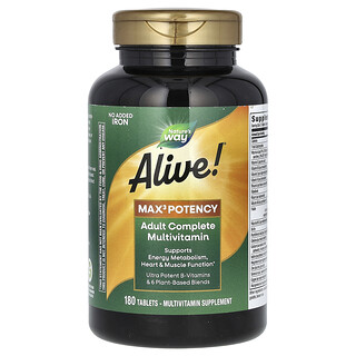 Nature's Way‏, Alive!‎ Max3 Potency, מולטי-ויטמין מלא למבוגרים, ללא תוספת ברזל, 180 טבליות