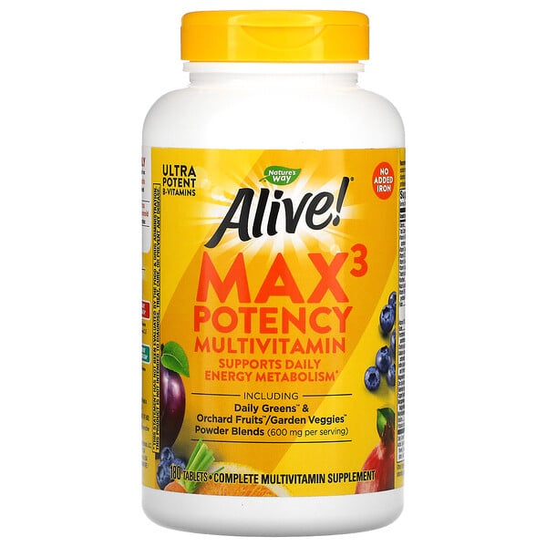 Nature's Way, Alive! Max3 Potency, мультивитамины повышенной эффективности, без добавления железа, 180 таблеток