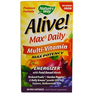 Nature's Way, Alive! Max6 Dailiy, мультивитамин, макс эффективность, 90 вегакапсул