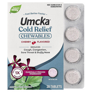 Nature's Way, Umcka®, дъвчащи таблетки за облекчаване на настинките, за лица над 6 години, череша, 20 таблетки