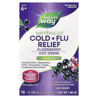 Nature's Way, Sambucus®, Cold + Flu Relief, Holunder-Heißgetränk, ab 6 Jahren, Zitrone, 10 Päckchen, je 5,3 g (0,186 oz.).