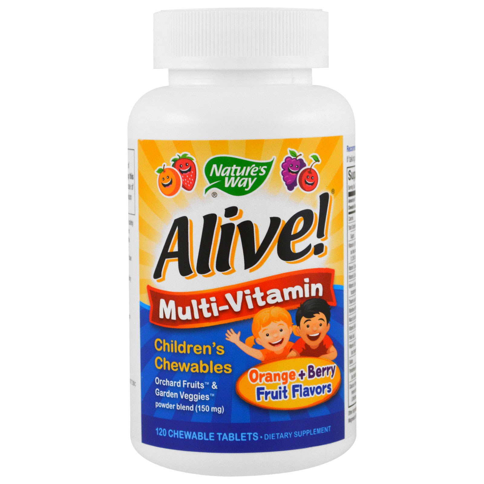 Nature's Way, Alive! Детский жевательный мультивитамин, вкус апельсина и ягод, 120 жевательных таблеток