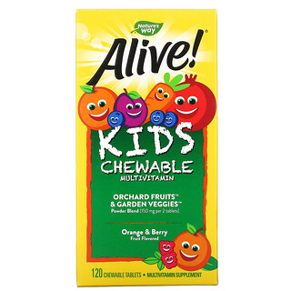 Nature's Way, Alive!, Suplemento multivitamínico masticable para niños, Naranja y baya, 120 comprimidos masticables