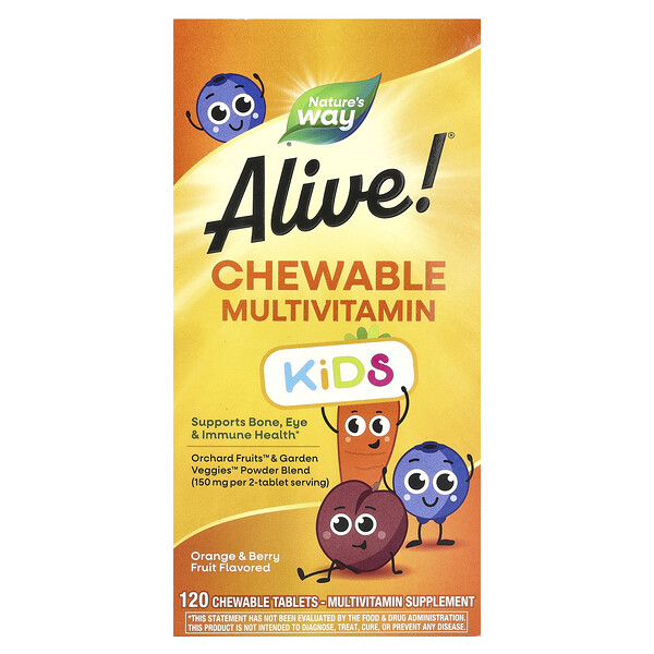 Nature's Way Alive!® Kids, Chewable Multivitamin, Ages 2+, Orange & Berry Fruit, 120 Chewable Tablets