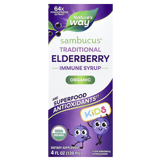 Nature's Way, Kids Sambucus®, organický tradičný imunitný sirup, vek 1+, baza čierna, 120 ml
