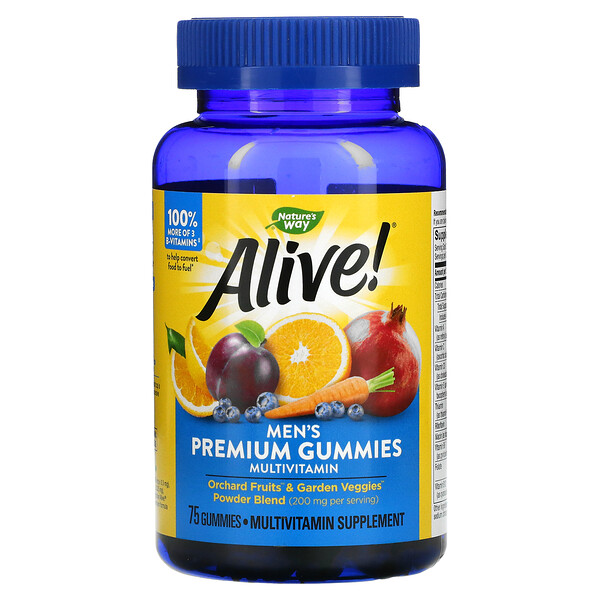 Nature's Way, Alive! полный комплекс мультивитаминов премиального качества для мужчин, со вкусом апельсина, винограда и вишни, 75 жевательных конфет