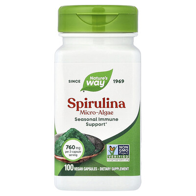 Nature's Way, Microalga espirulina, 100 cápsulas veganas (380 mg por cápsula)