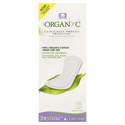 Organyc, Protectores diarios de algodón orgánico, Flujo ligero, 24 protectores