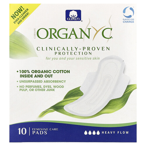 Organyc, Pads i ekologisk bomull, Heavy Flow, 10 pads