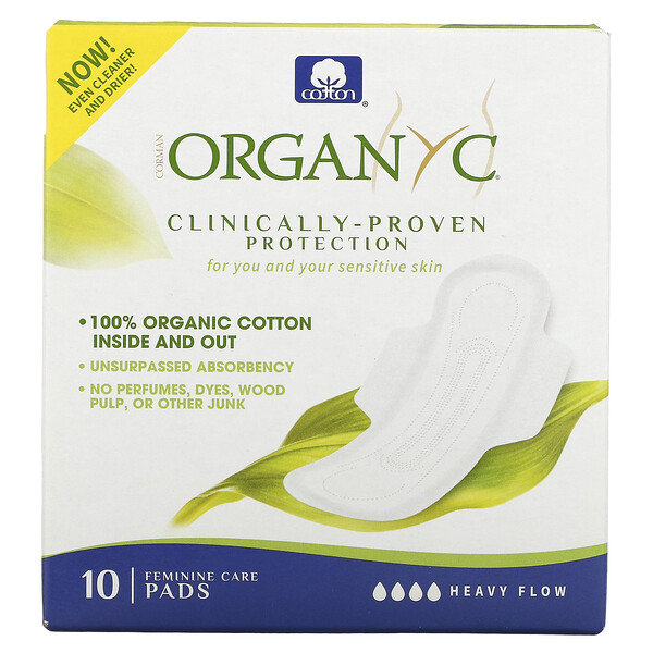 Organyc, Organic Cotton Pads, Heavy Flow, 10 Pads
