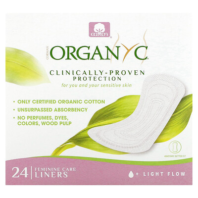 Organyc Ежедневные прокладки из органического хлопка, в индивидуальной упаковке, для небольшого объема выделений, 24шт.