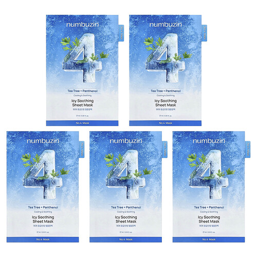 Numbuzin, No.4 Icy Soothing Beauty Sheet Mask, beruhigende Beauty-Tuchmaske mit Eisgeschmack, 5 Tuchmasken, je 27 ml (0,91 fl. oz.).
