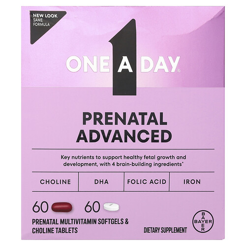 One-A-Day, Prenatal Advanced, komplettes Multivitamin mit Unterstützung des Gehirns, 60 pränatale Multivitamin-Weichkapseln und 60 pränatale Cholin-Tabletten