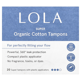 Lola, Organic Cotton Tampons with Plastic Applicators, Super, 20 Tampons