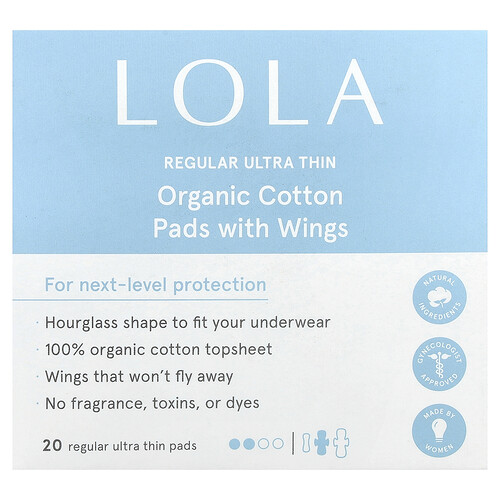 Lola, Organic Cotton Pads with Wings, Regular, Ultra Thin, 20 Pads