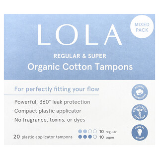 Lola, Organic Cotton Tampons with Plastic Applicators, Regular & Super, 20 Tampons