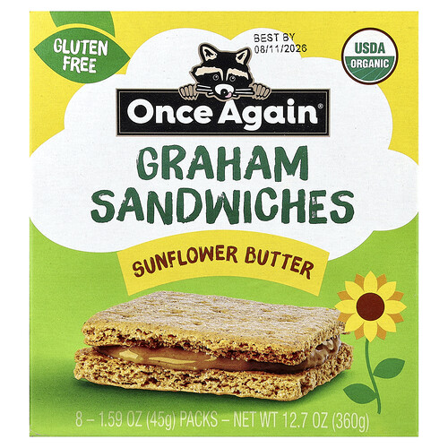 Once Again, Graham Sandwiches, Sunflower Butter, 8 Packs, 1.59 oz (45 g) Each