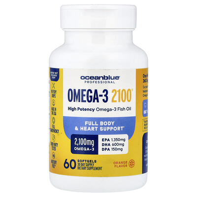 OceanBlue, Suplemento profesional, Omega-3 2100®, Naranja, 60 cápsulas blandas (1050 mg por cápsula blanda)