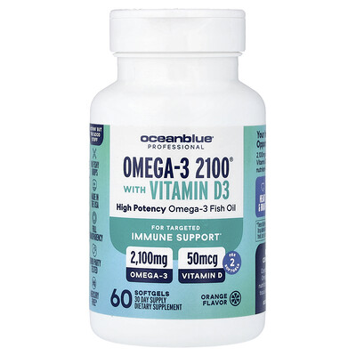 OceanBlue, Profesional, Omega-3 2100® con vitamina D, Alta potencia, Naranja, 60 cápsulas blandas