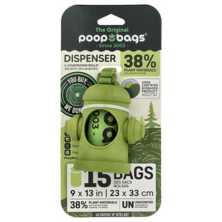 Original Poop Bags, Dispensador de Sacos + Sacos, Verde, Sem Perfume, 1 Dispensador, 15 Sacos