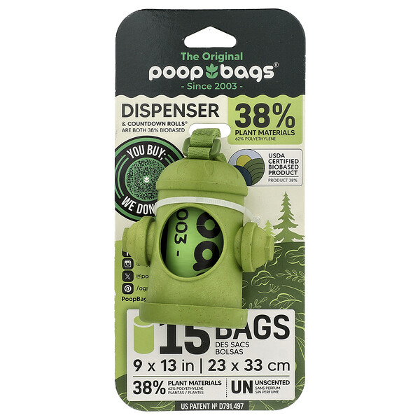 Original Poop Bags Bag Dispenser + Bags, Green, Unscented , 1 Dispenser, 15 Bags