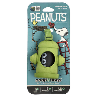 Original Poop Bags, Peanuts®, диспенсер для пакетиков, зеленый, пакетики-снупи, без запаха, 1 дозатор, 15 пакетиков