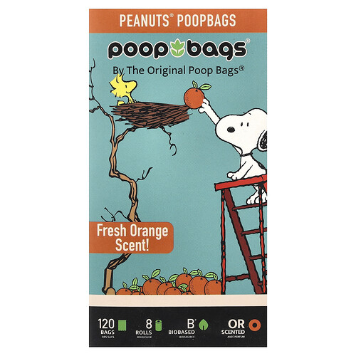 Original Poop Bags, Peanuts®, Orange, 8 Rolls, 15 Bags Each