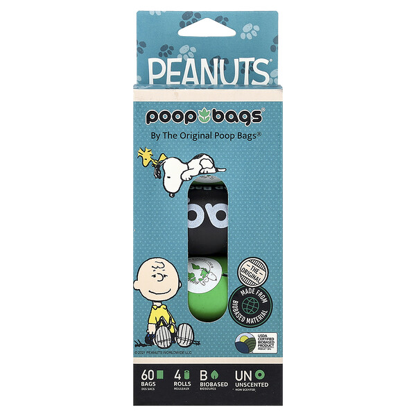 Original Poop Bags Peanuts®, Unscented, 4 Rolls, 15 Bags Each