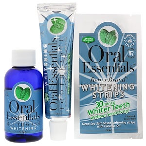 Oral Essentials, Отбеливающие полоски, 28 полосок + Ополаскиватель для рта и зубная паста в подарок, Комплект из 3 предметов
