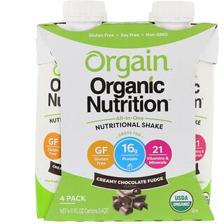 Orgain, オーガニック栄養素、オールインワン栄養シェイク、クリーミーチョコレートファッジ、4袋、各11 fl oz