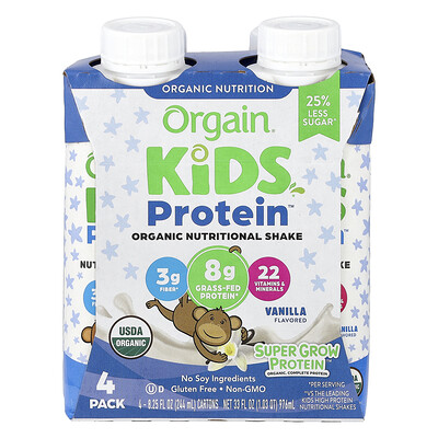 Orgain, Kids Protein™, Organic Nutritional Shake, Vanilla, 4 Pack, 8.25 fl oz (244 ml) Each