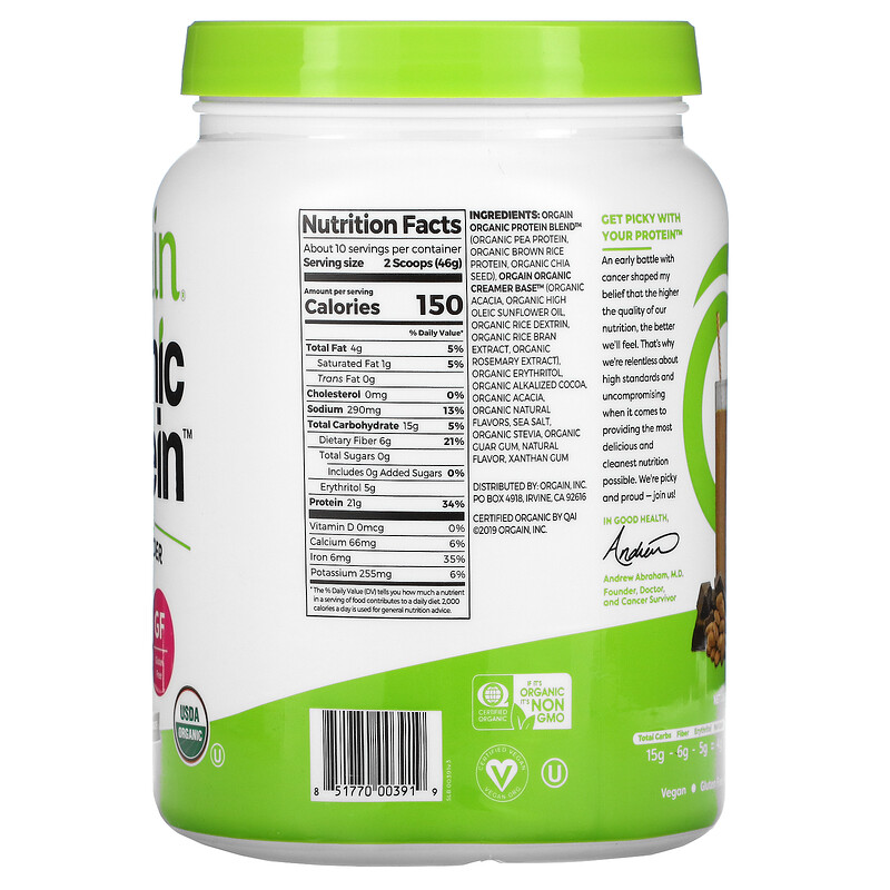 Orgain, Organic Protein Powder, Plant Based, Creamy Chocolate Fudge, 1.