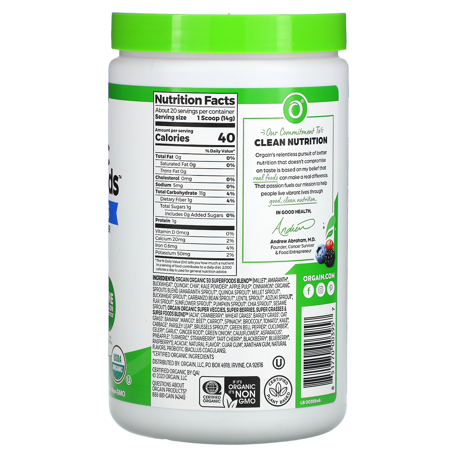 Orgain, Organic PlantBased Superfoods + Probiotics, Original, 9.9 oz