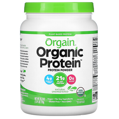 Купить Orgain Organic Protein Powder, Plant Based, Natural Unsweetened, 1.59 lbs (720 g)