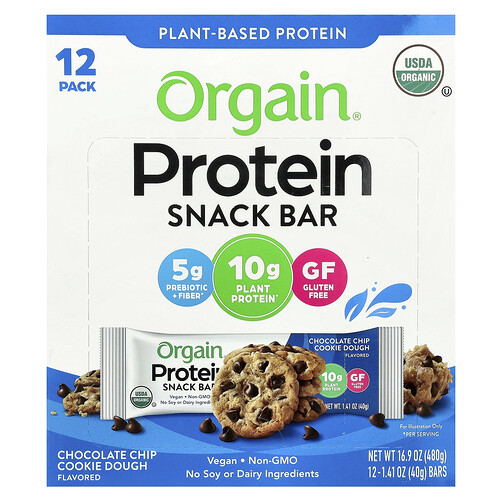 Orgain Plant-Based Protein Snack Bar, Chocolate Chip Cookie Dough, 12 Bars, 1.41 oz (40 g) Each