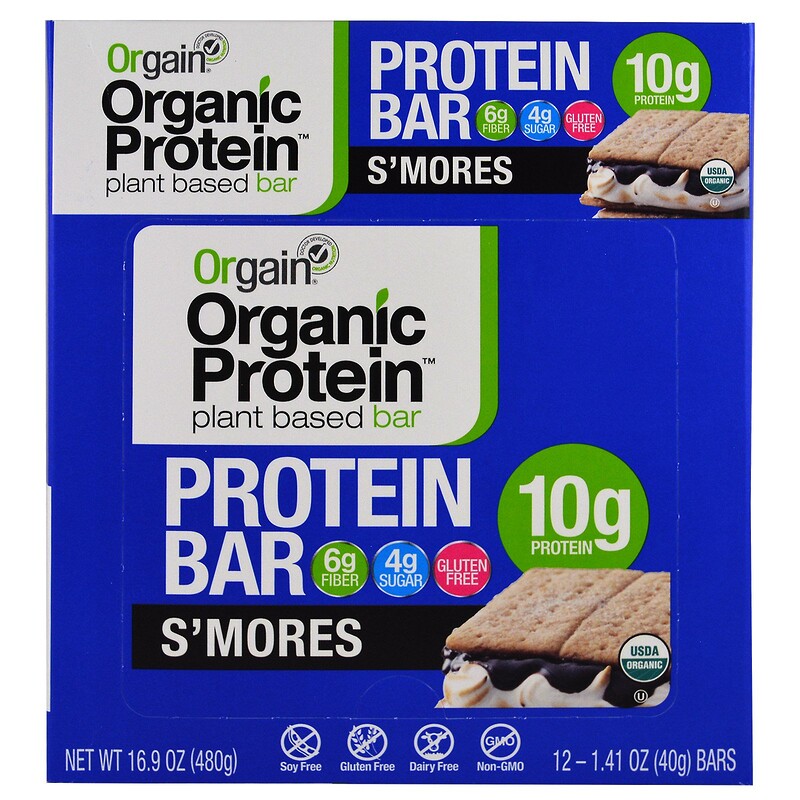 Orgain, Organic PlantBased Protein Bar, S'mores, 12 Bars, 1.41 oz (40