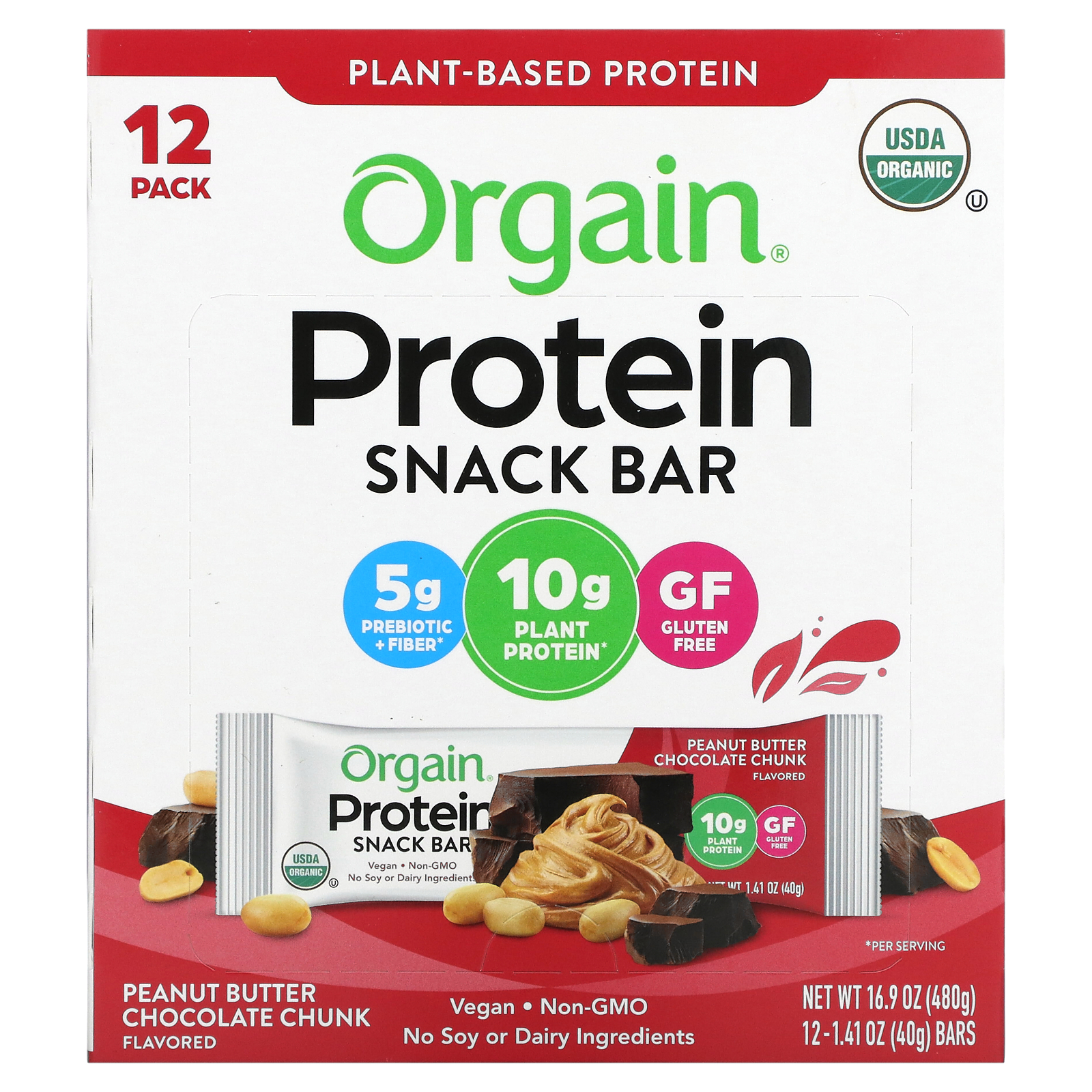 Orgain, Organic PlantBased Protein Bar, Peanut Butter Chocolate Chunk