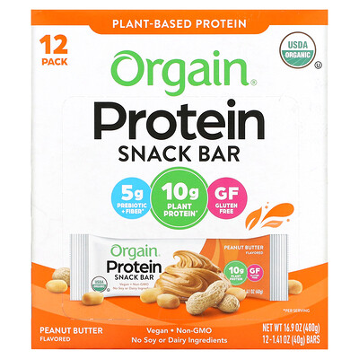 Orgain Органический батончик на растительной основе, арахисовое масло, 12 батончиков, 40 г (1,41 унции) каждый