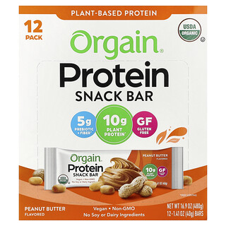 Orgain, Barrita proteica de origen vegetal, Mantequilla de maní, 12 barritas, 40 g (1,41 oz) cada una