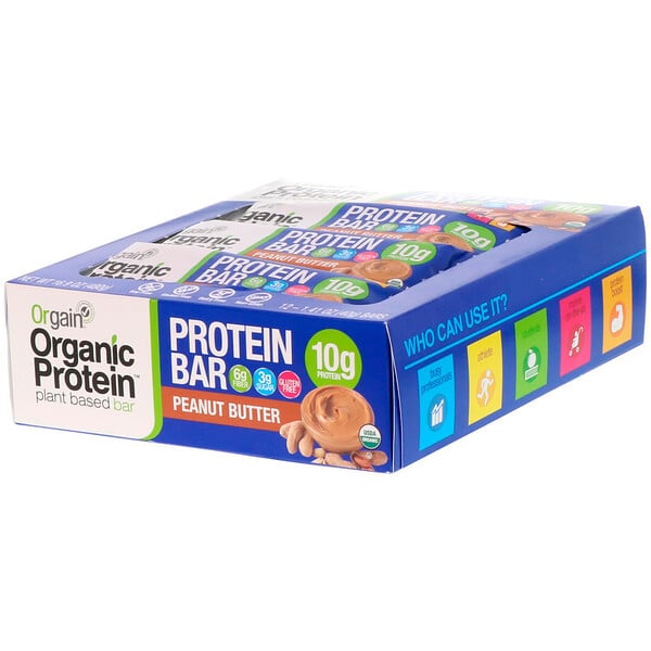 Orgain, Organic Plant-Based Protein Bar, Peanut Butter, 12 Bars, 1.41 oz (40 g) Each