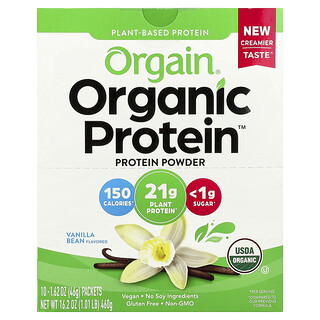 Orgain, Organic Protein™ en polvo, De origen vegetal, Vaina de vainilla, 10 sobres, 46 g (1,62 oz) cada uno