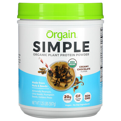 Orgain Simple, Organic Plant Protein Powder, Creamy Chocolate, 1.25 lb (567 g)  - купить со скидкой