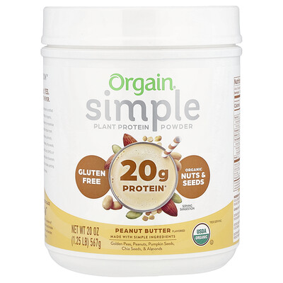 Orgain, Simple, Proteína de origen vegetal en polvo, Mantequilla de maní, 567 g (20 oz)