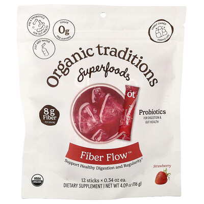 Organic Traditions, Fiber Flow™, Fresa, 12 sobrecitos, 9,7 g (0,34 oz) cada uno