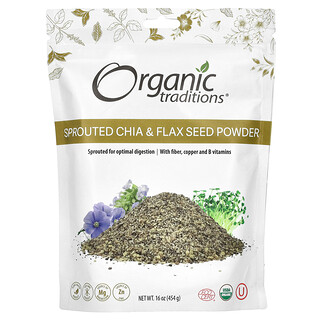 Organic Traditions‏, אבקת צ'יה מונבטת וזרעי פשתן, 454 גרם (16 אונקיות)