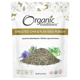 Organic Traditions‏, אבקת צ'יה מונבטת וזרעי פשתן, 227 גרם (8 אונקיות)