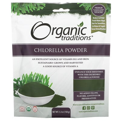 Купить Organic Traditions Порошок хлореллы, 5, 3 унции (150 г)